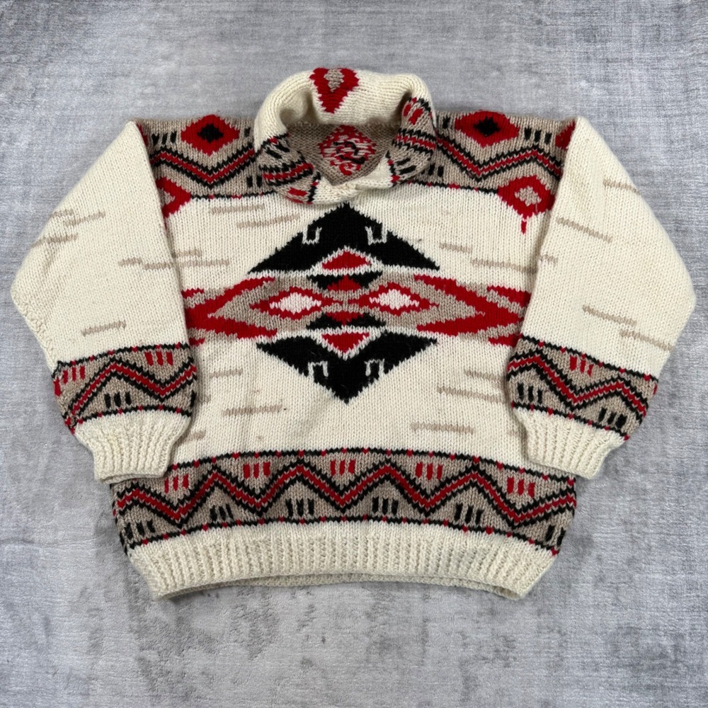 Vintage Handknit Sweater Women XL Cream Southwestern Aztec Wool Boho Chunky